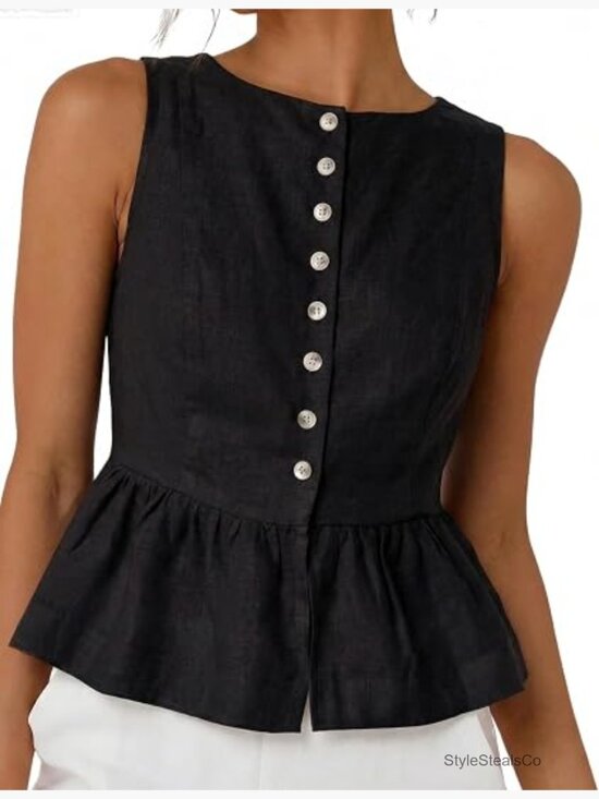 Tops - Womens Linen Tank Top Sleeveless Peplum Button Front Casual Blouse